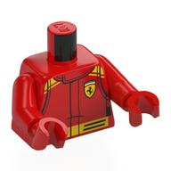 Visuel indicatif Rebrickable de Torse, Combinaison de course, Marquages jaunes, Ferrari Logo imprimé, bras et mains rouges (Torso, Racing Suit, Yellow Markings, Ferrari Logo Print, Red Arms and Hands)