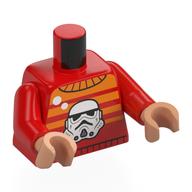 Visuel indicatif Rebrickable de Torse, Pull à rayures orange, Stormtrooper sur le devant, Dark Vador sur le dos motif imprimé, bras rouges, mains nougat moyen (Torso, Orange Striped Sweater, Stormtrooper on Front, Darth Vader on Back Print, Red Arms, Medium Nougat Hands)