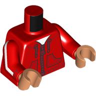 Visuel indicatif Rebrickable de Torse, veste, fermeture éclair, poches, capuche, motif : chemise blanche, bras rouges, mains nougat moyen (Torso, Jacket, Zipper, Pockets, Hoody, White Shirt Print, Red Arms, Medium Nougat Hands)