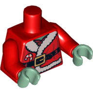 Visuel indicatif Rebrickable de Torse, veste de père Noël avec fourrure, ceinture noire et motif imprimé de canne à sucre, bras rouges, mains vert sable (Torso, Santa Jacket with Fur, Black Belt and Candy Cane Print, Red Arms, Sand Green Hands)