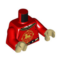Tunique torse, bord noir et or, cheval doré Symbole imprimé, bras rouges, mains beiges (Torso Tunic, Black and Gold Trim, Gold Horse Symbol Print, Red Arms, Tan Hands)