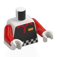 Visuel indicatif Rebrickable de Torse, costume de course noir, noir/blanc à carreaux, motif : col rouge, bras rouges, mains blanches (Torso, Black Racing Suit, Black/White Checkered, Red Collar Print, Red Arms, White Hands)
