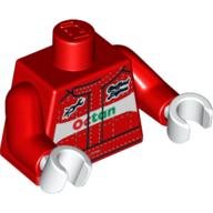 Visuel indicatif Rebrickable de Costume de course de torse avec Octan logo et blanc couture motif imprimé, bras rouges, mains blanches (Torso Race Suit with Octan Logo and White Stitching Print, Red Arms, White Hands)