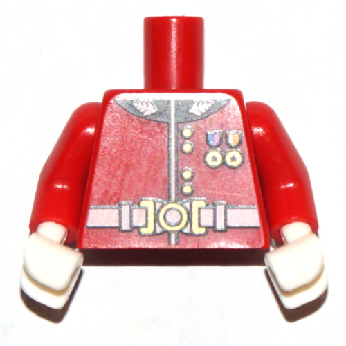 Visuel indicatif Rebrickable de Uniforme de garde royal torse avec boutons en or, deux médailles, et motif imprimé ceinture blanche, bras rouges, mains blanches (Torso Royal Guard Uniform with Gold Buttons, Two Medals, and White Belt Print, Red Arms, White Hands)