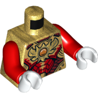 Visuel indicatif Rebrickable de Armure de torse, rouge, rouge foncé et plaques d'or avec motif imprimé bijou orange 'Chi', bras rouges, mains blanches (Torso Armor, Red, Dark Red, and Gold Plates with Orange Jewel 'Chi' Print, Red Arms, White Hands)