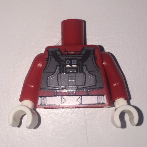 Visuel indicatif Rebrickable de Combinaison de vol torse avec gilet gris foncé et ceinture blanche et motif imprimé panneau noir (pilote rebelle A-wing), bras rouges, mains blanches (Torso Flight Suit with Dark Bluish Gray Vest and White Belt and Black Panel Print (Rebel A-wing Pilot), Red Arms, White Hands)