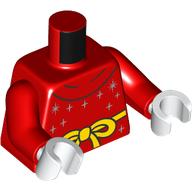Visuel indicatif Rebrickable de Torse, ceinture jaune avec noeud, motif imprimé étoiles argentées, bras rouges, mains blanches (Torso, Yellow Belt with Knot, Silver Stars Print, Red Arms, White Hands)