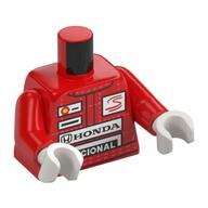Torse, costume de course, coutures blanches, coquille, honda, nacional, senna logos motif imprimé, bras rouges, mains blanches (Torso, Racing Suit, White Stitching, Shell, Honda, Nacional, Senna Logos Print, Red Arms, White Hands)
