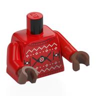 Visuel indicatif Rebrickable de Torse, chandail de Noël, combattants TIE noire, gideon moff sur le dos motif imprimé, bras rouges, mains brun moyen (Torso, Christmas Sweater, Black TIE Fighters, Moff Gideon on Back Print, Red Arms, Medium Brown Hands)