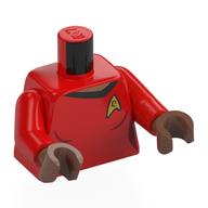 Visuel indicatif Rebrickable de Torse, uniforme de la flotte d'étoiles, badge or, motif imprimé cou brun moyen, bras rouges, mains brun moyen (Torso, Star Fleet Uniform, Gold Badge, Medium Brown Neck Print, Red Arms, Medium Brown Hands)