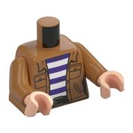 Visuel indicatif Rebrickable de Torse, veste, ceinture marron foncé, chemise rayée blanc/violet foncé imprimé, bras nougat moyen, mains nougat clair (Torso, Jacket, Dark Brown Belt, White/Dark Purple Striped Shirt Print, Medium Nougat Arms, Light Nougat Hands)