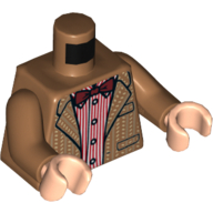 Visuel indicatif Rebrickable de Torse tweed costume veste sur rouge rayé bouton chemise, rouge foncé noeud papillon motif imprimé, bras nougat moyen, mains nougat clair (Torso Tweed Suit Jacket over Red Stripe Button Down Shirt, Dark Red Bow Tie Print, Medium Nougat Arms, Light Nougat Hands)