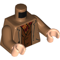 Visuel indicatif Rebrickable de Veste torse, ouvert sur gilet brun rougeâtre et motif imprimé écharpe rayée rouge foncé et orange foncé, bras nougat moyen, mains nougat clair (Torso Jacket, Open over Reddish Brown Vest and Dark Red and Dark Orange Striped Scarf Print, Medium Nougat Arms, Light Nougat Hands)