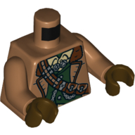 Veste torse, ouvert sur gilet vert foncé, chemise beige, épaule utilitaire ceinture motif imprimé, bras nougat moyen, mains brun foncé (Torso Jacket, Open over Dark Green Vest, Tan Shirt, Shoulder Utility Belt Print, Medium Nougat Arms, Dark Brown Hands)