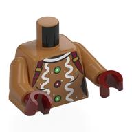 Torse, pain d'épice, glaçage blanc, vert/rouge foncé boutons de goutte, rouge foncé bretelles motif imprimé, bras nougat moyen, mains rouge foncé (Torso, Gingerbread, White Icing, Green/Dark Red Gumdrop Buttons, Dark Red Suspenders Print, Medium Nougat Arms, Dark Red Hands)