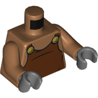 Visuel indicatif Rebrickable de Torse, salopette, brun rougeâtre avec motif imprimé deux boutons jaunes, bras nougat moyen, mains gris bleuté foncé (Torso, Overalls, Reddish Brown with Two Yellow Buttons Print, Medium Nougat Arms, Dark Bluish Gray Hands)