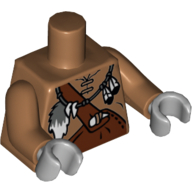 Visuel indicatif Rebrickable de Torse, chemise en cuir avec salopettes et plumes marron rougeâtre et motif imprimé queue, bras nougat moyen, mains gris bleuté clair (Torso, Leather Shirt with Reddish Brown Overalls and Feathers and Tail Print, Medium Nougat Arms, Light Bluish Gray Hands)