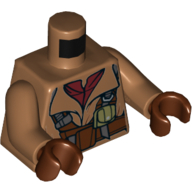 Visuel indicatif Rebrickable de Veste torse avec sangles et ceinture marron rougeâtre, et motif imprimé sous-chemise rouge foncé, mains nougat moyen, mains brun rougeâtre (Torso Jacket with Reddish Brown Straps and Belt, and Dark Red Undershirt Print, Medium Nougat Hands, Reddish Brown Hands)