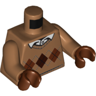 Visuel indicatif Rebrickable de Pull torse argyle avec motif imprimé col chemise blanc, bras nougat moyen, mains brun rougeâtre (Torso Argyle Sweater with White Shirt Collar Print, Medium Nougat Arms, Reddish Brown Hands)