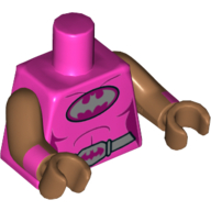 Visuel indicatif Rebrickable de Corps torse, logo Batman sur ceinture ovale magenta et argent avec motif imprimé boucle chauve-souris, bras et mains de nougat moyen avec poignets imprimé (Torso Bodysuit, Batman Logo on Magenta Oval and Silver Belt with Bat Buckle Print, Medium Nougat Arms and Hands with Cuffs Print)