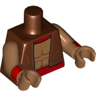 Visuel indicatif Rebrickable de Gilet torse, brun rougeâtre avec col rouge et motif imprimé ceinture, bras de nougat moyen et mains avec motif imprimé poignets rouges (Torso Vest, Reddish Brown with Red Collar and Belt Print, Medium Nougat Arms and Hands with Red Cuffs Print)