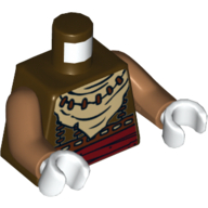 Visuel indicatif Rebrickable de Torse, gilet tribal, motif : ceinture rouge foncé et foulard blanc, bras nougat moyen, mains blanches (Torso, Tribal Vest, Dark Red Belt and White Neckerchief Print, Medium Nougat Arms, White Hands)