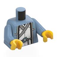 Visuel indicatif Rebrickable de Torse, robe ouverte, bord bleu foncé, lacets gris bleuté clair, robe blanche, motif imprimé bord gris bleuté clair, bras bleu sable, mains jaunes (Torso, Open Robe, Dark Blue Trim, Light Bluish Grey Laces, White Robe, Light Bluish Grey Trim Print, Sand Blue Arms, Yellow Hands)