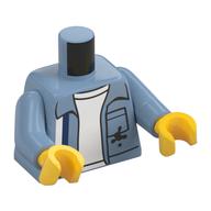 Visuel indicatif Rebrickable de Torse, veste ouverte, tache noire, bande blanche/bleu foncé, motif : chemise blanche, bras bleu sable, mains jaunes (Torso, Open Jacket, Black Stain, White/Dark Blue Stripe, White Shirt Print, Sand Blue Arms, Yellow Hands)