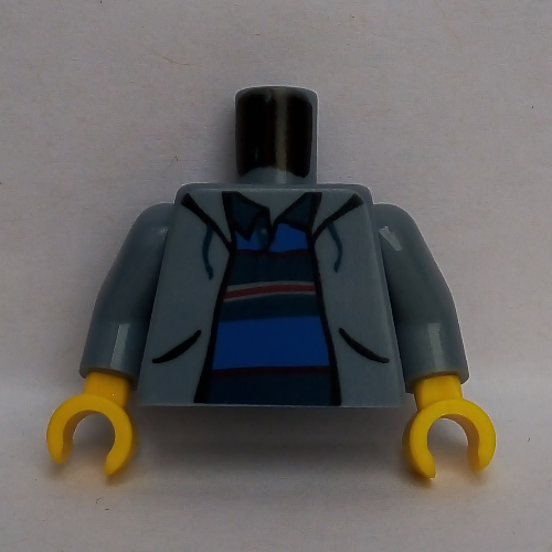Visuel indicatif Rebrickable de Veste torse ouvert sur polo avec motif imprimé à rayures horizontales (Spider-Man), bras bleu sable, mains jaunes (Torso Jacket Open over Polo Shirt with Horizontal Stripes Print (Spider-Man), Sand Blue Arms, Yellow Hands)