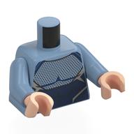 Visuel indicatif Rebrickable de Torse, Muscles thoraciques, Panneaux bleu foncé, Motif imprimé blanc, bras bleu sable, mains nougat clair (Torso, Chest Muscles, Dark Blue Panels, White Trim Print, Sand Blue Arms, Light Nougat Hands)