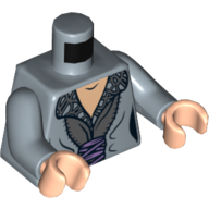 Torse robe avec col imprimé gris et motif imprimé ceinture rose, bras bleu sable, mains nougat clair (Torso Dress with Gray Printed Collar and Pink Sash Print, Sand Blue Arms, Light Nougat Hands)