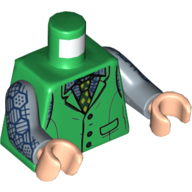 Visuel indicatif Rebrickable de Gilet torse avec poches et boutons, et cravate à la vert citron / gilet bleu foncé avec sangle et boucle motif imprimé, bras bleu sable avec patchs hexagonaux imprimé, mains nougat clair (Torso Vest with Pockets and Buttons, and Lime Tie / Dark Blue Vest with Strap and Buckle Print, Sand Blue Arms with Hexagon Patches Print, Light Nougat Hands)