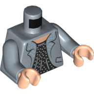 Visuel indicatif Rebrickable de Torse, veste, chemise noire, motif imprimé à pois bleu moyen, bras bleu sable, mains nougat clair (Torso, Jacket, Black Shirt, Medium Blue Dots Print, Sand Blue Arms, Light Nougat Hands)