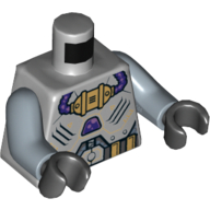 Costume d'espace de torse avec panneau d'or avec des tubes violet foncés, motif imprimé de ceinture, bras bleu sable, mains noires (Torso Space Suit with Gold Panel with Dark Purple Tubes, Belt Print, Sand Blue Arms, Black Hands)