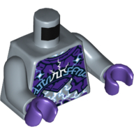 Visuel indicatif Rebrickable de Torse plaques de roche violet foncé, blanc et lumineux effet de foudre bleu clair et symboles arcanes motif imprimé, bras bleu sable, mains pourpre foncé (Torso Dark Purple Rock Plates, White and Bright Light Blue Lightning Effect and Arcane Symbols Print, Sand Blue Arms, Dark Purple Hands)