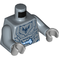 Armure de torse, pierre avec faucon bleu foncé en bouclier pentagonal et motif imprimé blanc éclair, bras bleu sable, mains gris bleuté clair (Torso Armor, Stone with Dark Blue Falcon in Pentagonal Shield and White Lightning Print, Sand Blue Arms, Light Bluish Gray Hands)