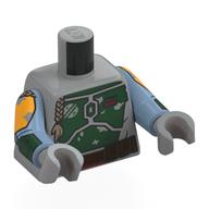 Armure de torse, Panneaux vert foncé, Ceinture marron foncé, Motif imprimé tresses (Boba Fett), Bras bleu sable avec motif imprimé Panneaux vert foncé, Mains gris clair (Torso Armor, Dark Green Panels, Dark Brown Belt, Braids Print (Boba Fett), Sand Blue Arms with Dark Green Panels Print, Light Bluish Gray Hands)