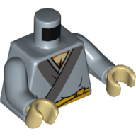 Visuel indicatif Rebrickable de Torse, robe avec bord gris foncé, motif imprimé ceinture ceinture jaune, bras bleu sable, mains beiges (Torso, Robe with Dark Bluish Gray Trim, Yellow Sash Belt Print, Sand Blue Arms, Tan Hands)