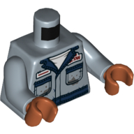 Visuel indicatif Rebrickable de Torse, chemise, avec col bleu et poches, badges rouges et blancs, motif imprimé taches de graisse, bras bleu sable, mains orange foncé (Torso, Shirt, with Blue Collar and Pockets, Red and White Badges, Grease Stains Print, Sand Blue Arms, Dark Orange Hands)