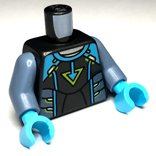 Torse, combinaison, Marquages Azur Moyen, Panneaux de Titane Perlé, Motif imprimé Triangle vert citron, bras bleu sable, mains bleu foncé (Torso, Jumpsuit, Medium Azure Markings, Pearl Titanium Panels, Lime Triangle Print, Sand Blue Arms, Dark Blue Hands)