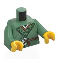 Torse, robe, bord vert foncé, feuilles, motif : ceinture nougat moyen avec boucle, bras vert sable, mains jaunes (Torso, Robe, Dark Green Trim, Leaves, Medium Nougat Belt with Buckle Print, Sand Green Arms, Yellow Hands)