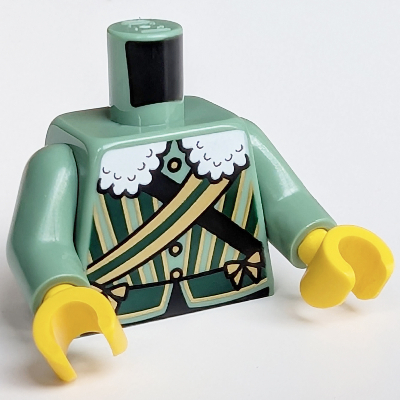 Visuel indicatif Rebrickable de Torse, mousquetaire, rayures vert foncé et dorées, volant blanc, motif : ceinture noire, bras vert sable, mains jaunes (Torso, Musketeer, Dark Green and Gold Stripes, White Ruff, Black Belt Print, Sand Green Arms, Yellow Hands)