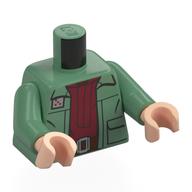 Visuel indicatif Rebrickable de Torse, veste, chemise rouge foncé, ceinture marron foncé, motif imprimé boucle argentée, bras vert sable, mains nougat clair (Torso, Jacket, Dark Red Shirt, Dark Brown Belt, Silver Buckle Print, Sand Green Arms, Light Nougat Hands)