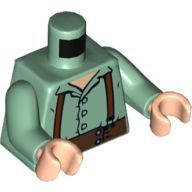 Visuel indicatif Rebrickable de Torse Chemise avec boutons et jarretelles motif imprimé (Frodon), bras vert sable, mains nougat clair (Torso Shirt with Buttons and Suspenders Print (Frodo), Sand Green Arms, Light Nougat Hands)