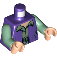 Visuel indicatif Rebrickable de Torse gilet sur sable chemise verte avec col ouvert et boucle de ceinture en argent / 2 lignes noires droites et 2 courbes croisées sur le dos motif imprimé, bras vert sable, mains nougat clair (Torso Vest over Sand Green Shirt with Open Collar and Silver Belt Buckle / 2 Straight and 2 Curved Crossing Black Lines on Back Print, Sand Green Arms, Light Nougat Hands)