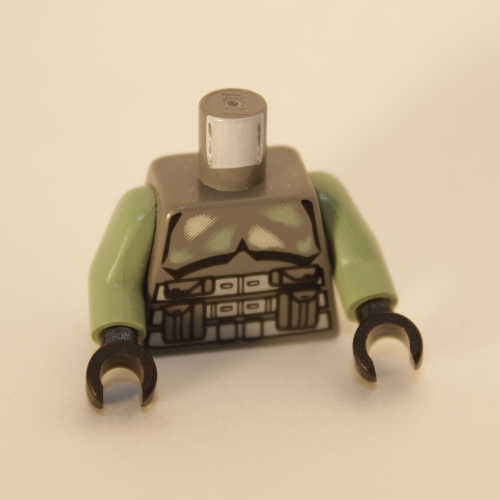 Pochettes d'armure de torse, taches blanches et vert sable motif imprimé (kashyyyk trooper), bras vert sable, mains noires (Torso Armor Pouches, White and Sand Green Patches Print (Kashyyyk Trooper), Sand Green Arms, Black Hands)