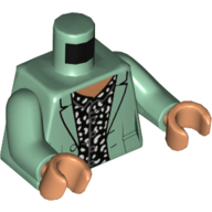 Visuel indicatif Rebrickable de Torse Veste, ouvert sur blanc et foncé gris bleuté à motifs chemise imprimé, bras vert sable, mains nougat (Torso Jacket, Open over White and Dark Bluish Gray Patterned Shirt Print, Sand Green Arms, Nougat Hands)