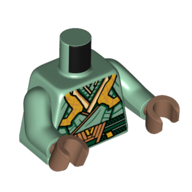 Torse, robe, décorations dorées, motif imprimé bord vert foncé, bras vert sable, mains brun moyen (Torso, Robe, Gold Decorations, Dark Green Trim Print, Sand Green Arms, Medium Brown Hands)