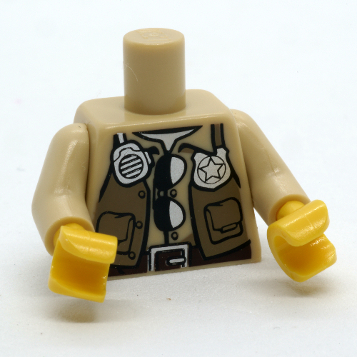 Visuel indicatif Rebrickable de Torse, chemise, gilet beige foncé, Poches, Radio, motif : ceinture brun foncé, bras beiges, mains jaunes (Torso, Shirt, Dark Tan Vest, Pockets, Radio, Dark Brown Belt Print, Tan Arms, Yellow Hands)