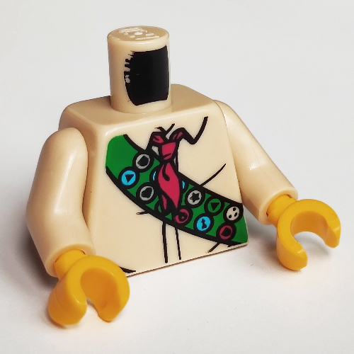 Visuel indicatif Rebrickable de Torse, chemise, cravate rouge, ceinture verte avec motif imprimé de boutons (garçon / fille scout), bras beiges, mains jaunes (Torso, Shirt, Red Tie, Green Sash with Buttons Print (Boy/Girl Scout), Tan Arms, Yellow Hands)